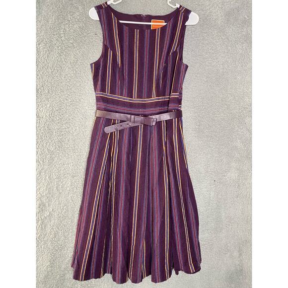 Modcloth womens Aline purple striped knee length dress belted round neck M - Picture 2 of 10
